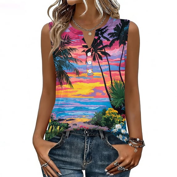 KLHDSF Fashionable Camisole Tops For Women Casual Hawaiian Print Sleeveless Button Vest Top Purple S