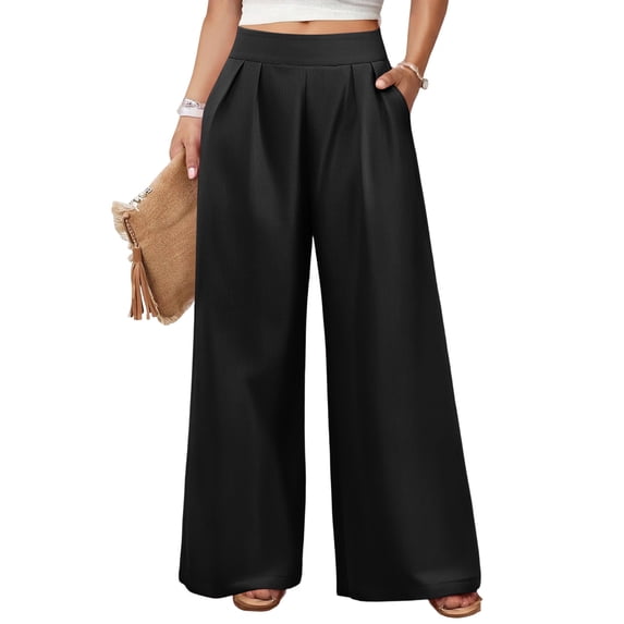 KLHDSF Flowy Pants for Women Casual High Waisted Wide Leg Palazzo Pants Trousers with Pocket Plus Size Black L