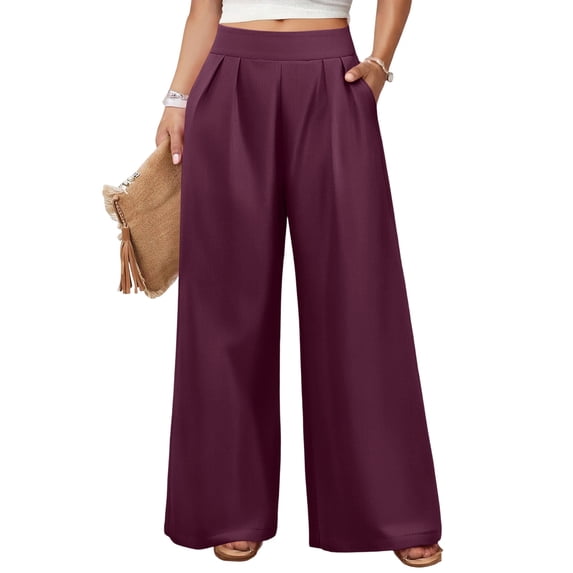 KLHDSF Flowy Pants for Women Casual High Waisted Wide Leg Palazzo Pants Trousers with Pocket Plus Size Dark Purple XL