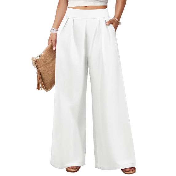 KLHDSF Flowy Pants for Women Casual High Waisted Wide Leg Palazzo Pants Trousers with Pocket Plus Size White XL