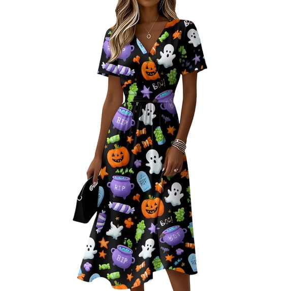 KLHDSF Halloween Dresses For Women Casual V Neck Short Sleeve Lightweight Breathable Daily Dress Purple L