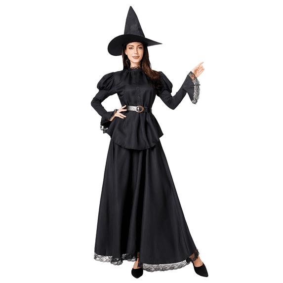 KLHDSF Halloween Witch Costume for Women Adult Wicked Witche's Peplum Dress With Hat and Waistband Juliet Sleeve Black Gothic Elegnt Cosplay Outfit Black L