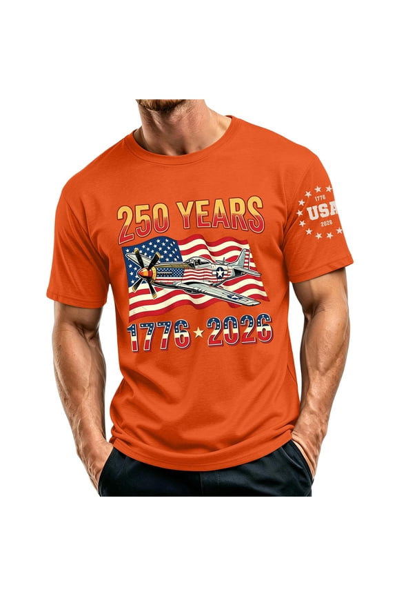 Men's Casual Crew Neck Lightweight Breathable Short Sleeve T-Shirt with Printed Letter Graphic USA 250 Years 1776-2026 Design Orange M 2XL