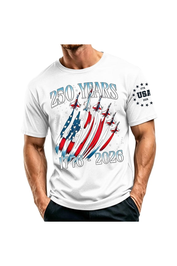 Men’s Casual Crew Neck Lightweight Breathable Short Sleeve Top with USA 250 Years 1776 2026 Letter Print Comfortable Fit White B L