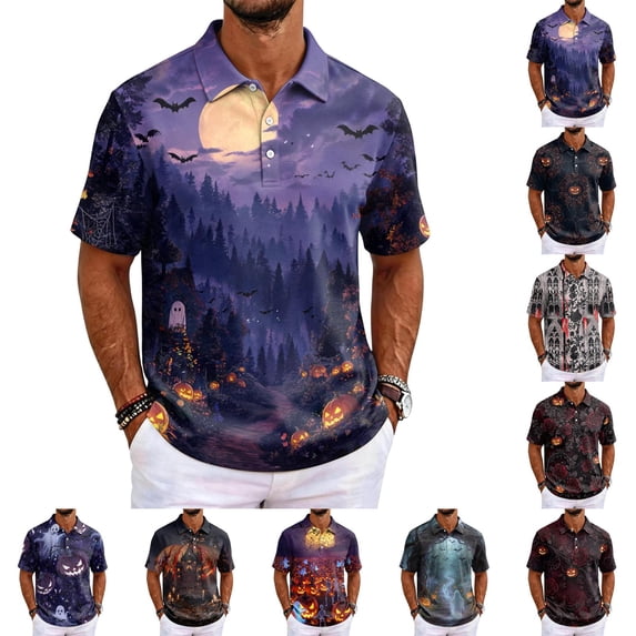 KLHDSF Men's Halloween Casual Polo Shirt Short Sleeve Loose Fit Henley Neck Versatile Everyday Top Green S