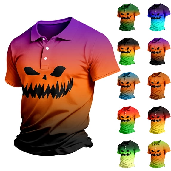 KLHDSF Men's Halloween Gradient Polo Shirt Short Sleeve Henley Neck Stretchy Breathable Casual Party Top Cyan L