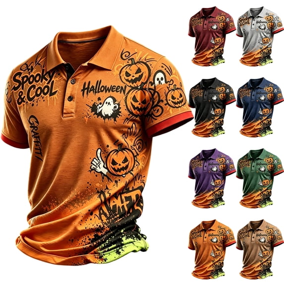 KLHDSF Men's Halloween Print Mesh Polo Shirt Henley Neck Short Sleeve Quick Dry Breathable Casual Golf Top Light Gray M