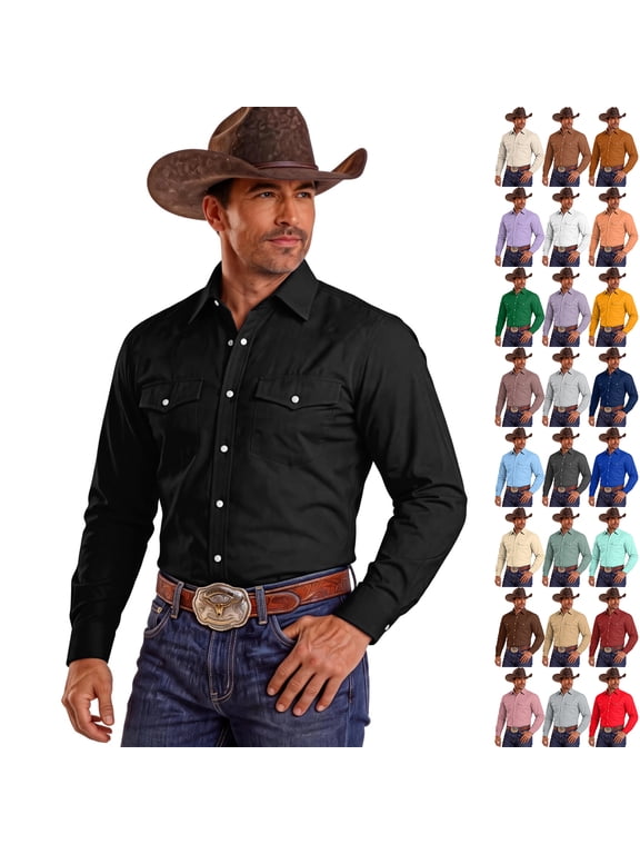 Men's Western Cowboy Shirt Button Down Long Sleeve Lightweight Polyester Two Chest Pockets Pen Holder Casual Beige L