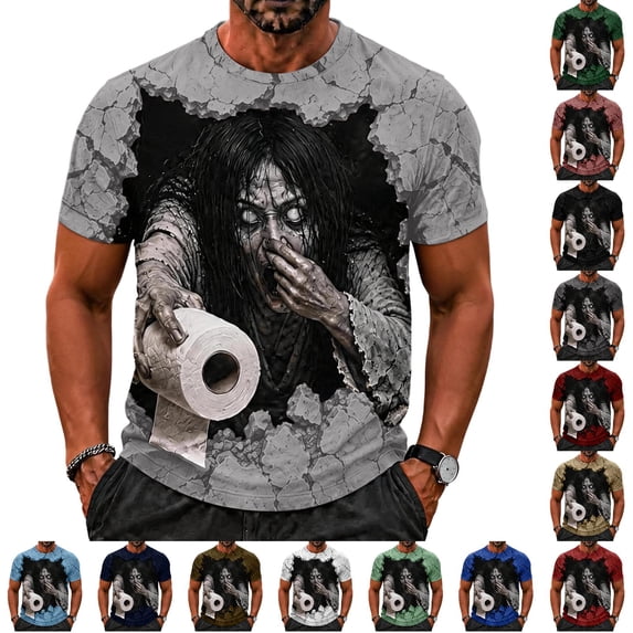 KLHDSF Mens Halloween Funny Graphic Tee Short Sleeve Crewneck Casual Polyester Top Army Green L