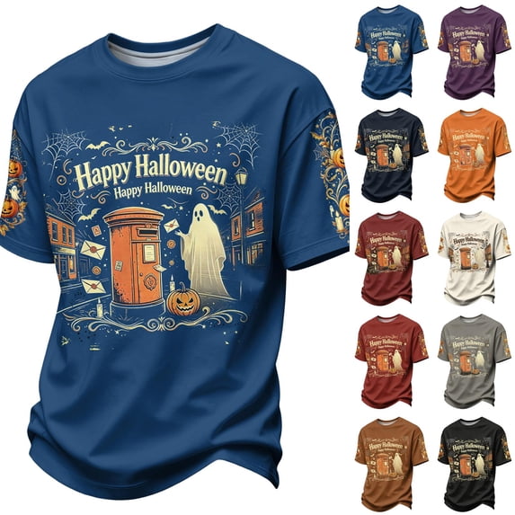 KLHDSF Mens Lightweight Breathable Halloween Graphic Top Short Sleeve Crewneck Casual Daily T-Shirt Purple L