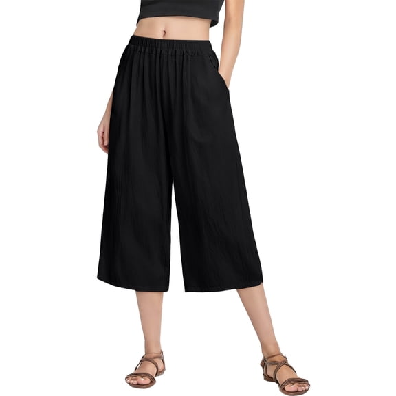 KLHDSF Pants For Women Cotton Linen Wide Leg Cropped Pants Retro Artistic Casual Summer Straight Leg Trousers BlackXXL