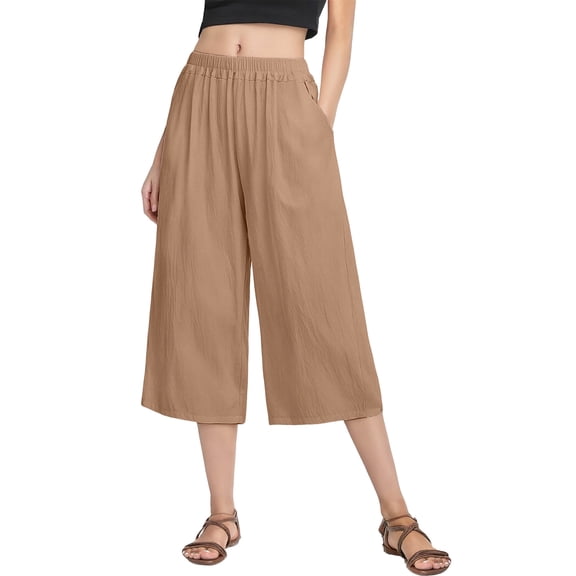 KLHDSF Pants For Women Cotton Linen Wide Leg Cropped Pants Retro Artistic Casual Summer Straight Leg Trousers KhakiM