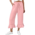 thumbnail image 1 of KLHDSF Pants For Women Drawstring Elastic Waist Cropped Pants with Pockets And Ruffle Hem Cotton Linen Solid Summer Trousers PinkL, 1 of 7