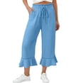 thumbnail image 1 of KLHDSF Pants For Women Drawstring Elastic Waist Cropped Pants with Pockets And Ruffle Hem Cotton Linen Solid Summer Trousers Sky BlueL, 1 of 7