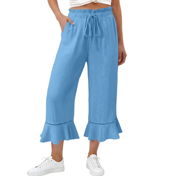 KLHDSF Pants For Women Drawstring Elastic Waist Cropped Pants with Pockets And Ruffle Hem Cotton Linen Solid Summer Trousers Sky BlueL