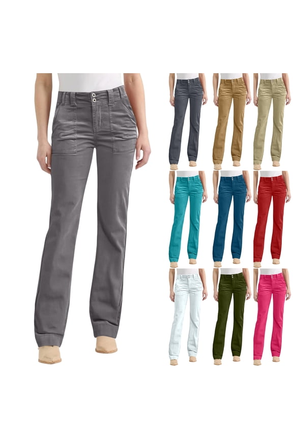Pants For Women Mid Waist Double Button Slim Straight Leg Pants Cotton Blend Trendy Casual Summer Hot Pink L