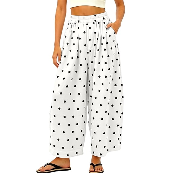 KLHDSF Pants For Women Polka Dot Wide Leg Cropped Pants with Pockets Casual Elastic Waist Summer Trousers WhiteM