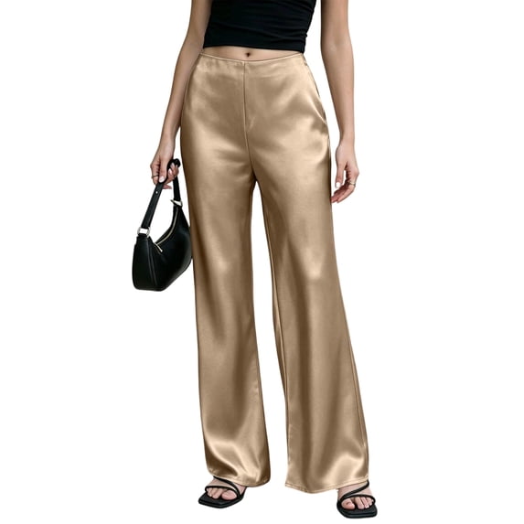 KLHDSF Pants For Women Satin Drapey Straight Wide Leg Pants High Waist Casual Trendy Summer Trousers Champagne XL