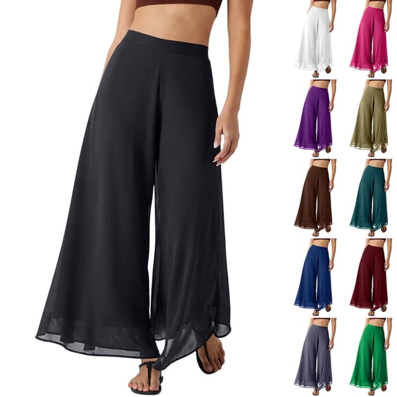 KLHDSF Pants For Women Soft Chiffon Wide Leg Pants Loose Fit High Waist Casual Summer Trousers Army Green L