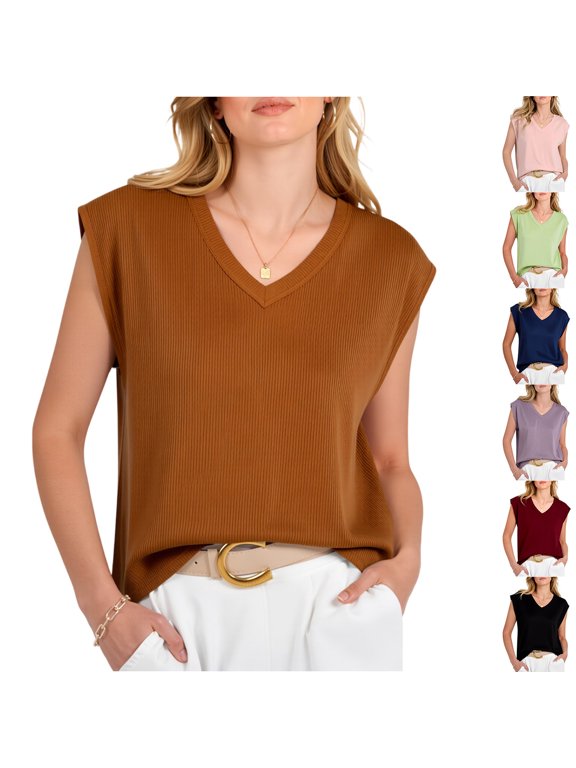 Tank Top For Women Summer Outfits V Neck Trendy Eyelet Sleeveless Basic Beach T Shirts Camel M