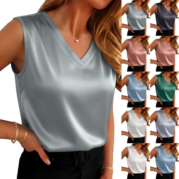 KLHDSF Tank Tops For Women V-neck Sleeveless Fashion Loose Satin Camisole Top Black L
