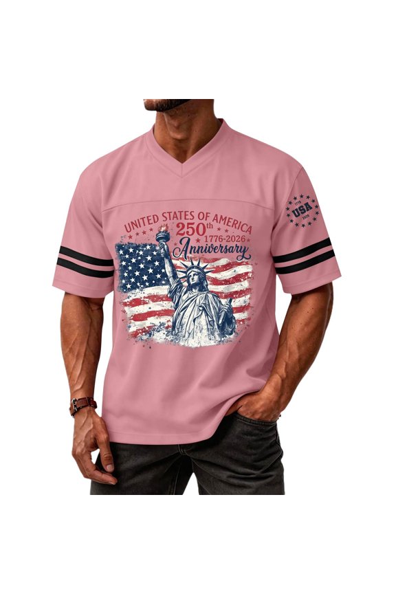V Neck Casual Sports T Shirt with Independence Day Print United States of America 250th Anniversary 1776 2026 Jersey Style Top Pink G S