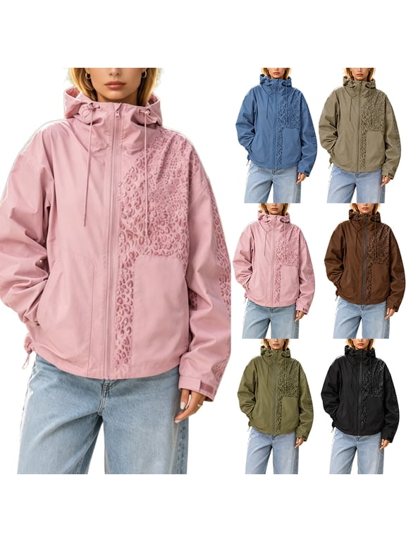 Women Waterproof Windproof Leopard Hooded Jacket Full Zip Stand Collar Two Pockets Water Reactive Outdoor Hiking Camping Blue XS