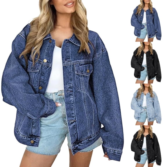 KLHDSF Women's Button Down Oversized Jean Jacket Classic Long Sleeve Denim Coat with Chest Pockets Distressed Boyfriend Style Fall Coat for Women Light Blue XXL