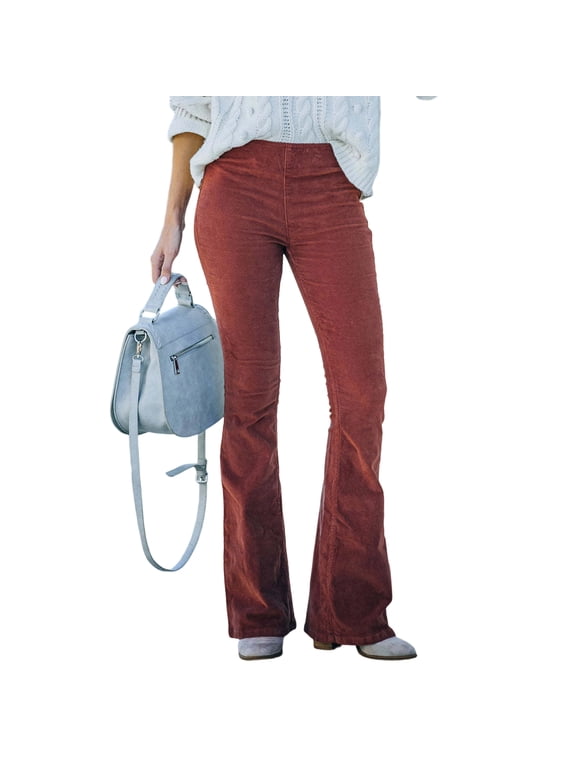 Women's Corduroy Flare Pants Elastic Waist Bell Bottom Trousers 2026 Fall Pants Red M