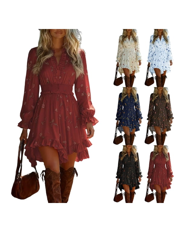 Women's Floral Mini Dress V Neck Long Sleeve Ruffle Hem A Line Vintage Boho Western Dress for Women Summer Fall Daily Party Wear Red L