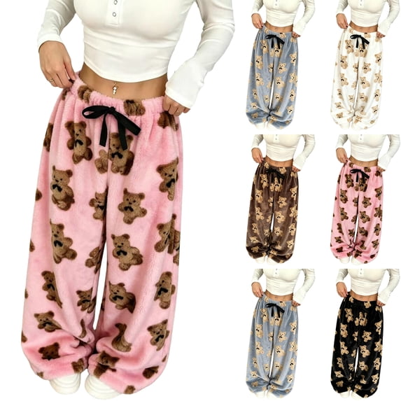KLHDSF Women's Fuzzy Bear Print Wide Leg Pajama Pant Drawstring Elastic ...