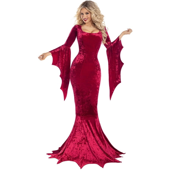 KLHDSF Women's Gothic Bat Witch Bride Costume Low U Neck Fish Tail Halloween Gown Deep Red M