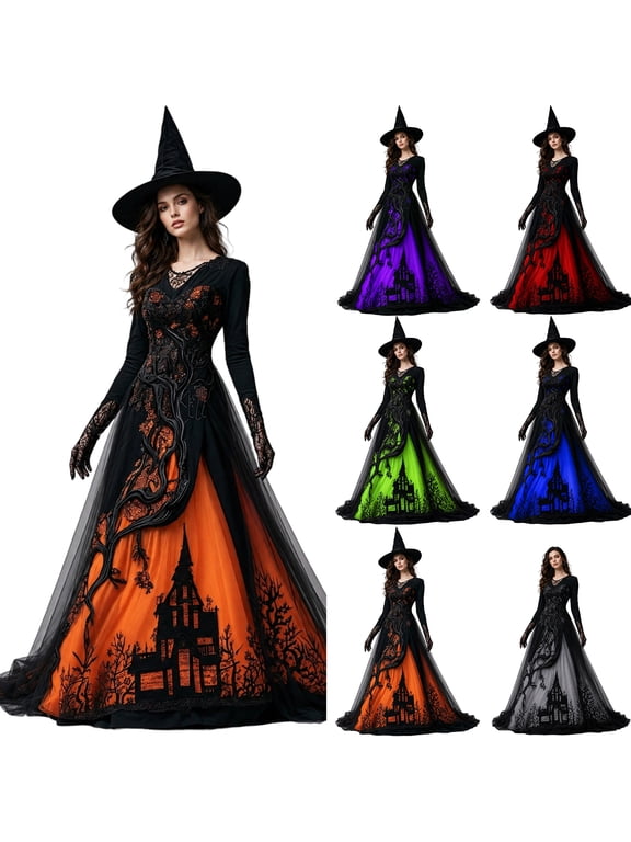 Women's Halloween Chiffon Lace Long Dress Round Neck Long Sleeve Hollow Out Lace Maxi Dress Gothic Party Witch Costume Dress For Women Gray XXL
