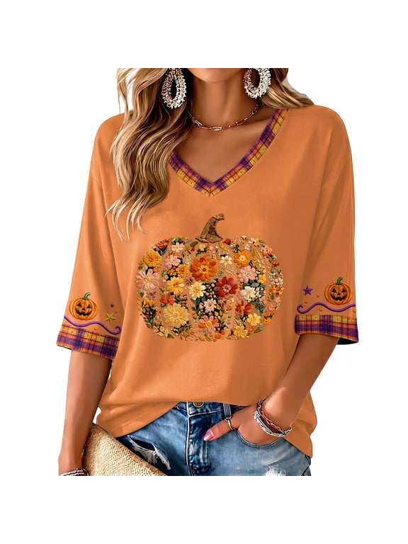 Women's Halloween Floral Pumpkin Print Top V Neck 3/4 Sleeve Soft Lightweight Fall Casual Daily Tee Earthy Yellow XL