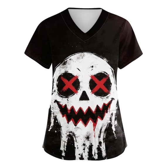 KLHDSF Women's Halloween Horror Face Print Scrub Top Short Sleeve V Neck T-Shirt With Two Pockets Soft Polyester Casual Work Tee Wine L