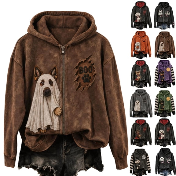 KLHDSF Women's Halloween Zip Up Hooded Jacket With Pockets Long Sleeve Animal Print Casual Loose Fit Fall Sweatshirt Outerwear for Women Brown XL