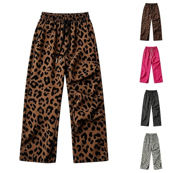 KLHDSF Women's Leopard Print High Waist Wide Leg Pants Drawstring Loose Casual Lounge Trousers Daily Streetwear for Women Spring Fall White S