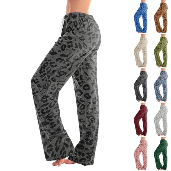 KLHDSF Women's Leopard Print Pajama Pant Drawstring Wide Leg Loungewear with Pockets Soft Cotton Blend Casual Sleepwear Yoga Pant for Women Blue L