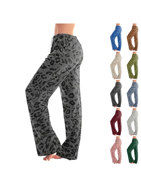Women's Leopard Print Pajama Pant Drawstring Wide Leg Loungewear with Pockets Soft Cotton Blend Casual Sleepwear Yoga Pant for Women Red L
