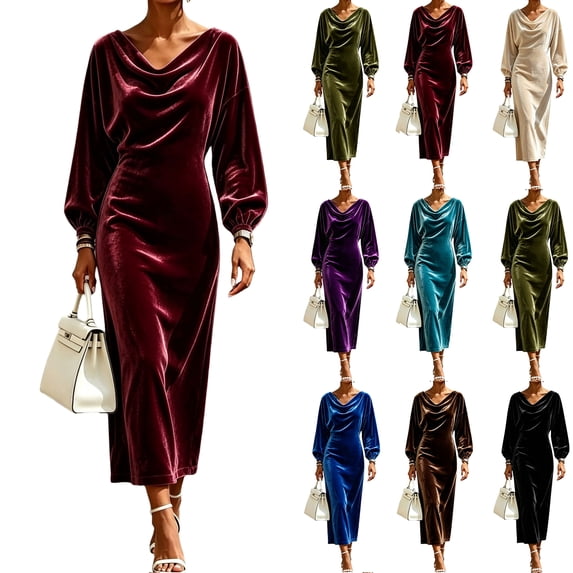KLHDSF Women's Long Sleeve Fall Midi Velvet Dresses for Wedding Guest Dresses Modest,Frocks,Paris Outfits,Ropa De Mujer Casual Y Moderna Coffee XXL