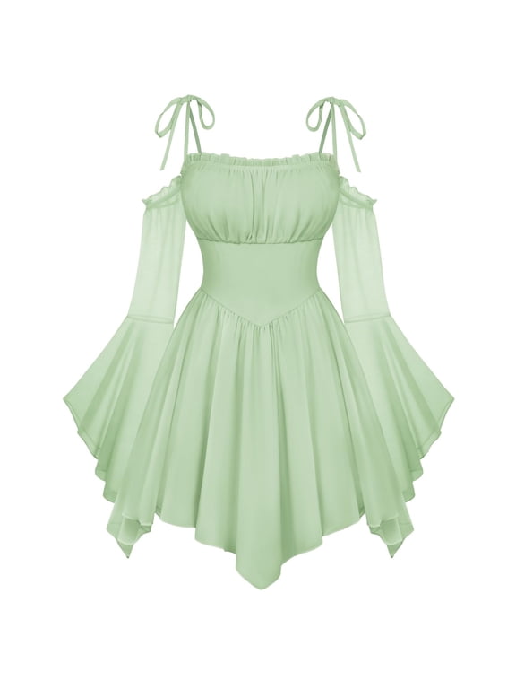 Women's Renaissance Fairy Dress A Line Boho Corset Dress | Long Bell Sleeves Off-shoulder Dress with Pockets, Comfortable Chiffon, for Ren Fair, Pirate Medival Halloween Themed Party Green S