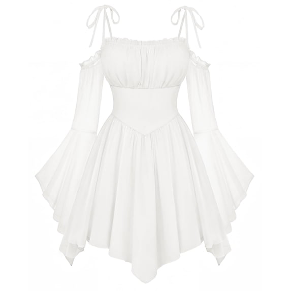 KLHDSF Women's Renaissance Fairy Dress A Line Boho Corset Dress | Long Bell Sleeves Off-shoulder Dress with Pockets, Comfortable Chiffon, for Ren Fair, Pirate Medival Halloween Themed Party White XXL