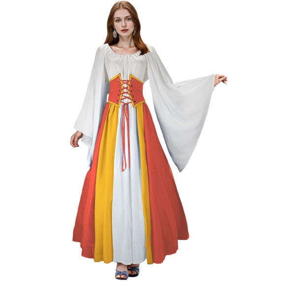 KLHDSF Women's Renaissance Medieval Costumes Dress Trumpet Sleeves Gothic Retro Gown For Halloween Yellow S