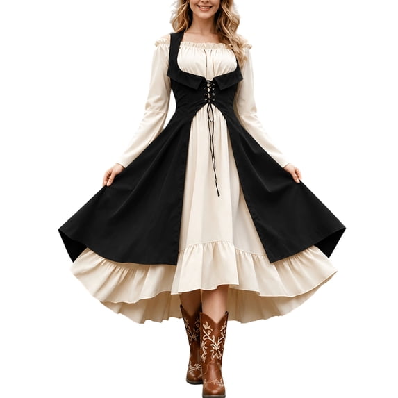 KLHDSF Women's's Medieval Renaissance Costume Cosplay Over Dress | 2 Pics Set,Long Flare Sleeve,Renaissance faire,Cosplay, Halloween Black M