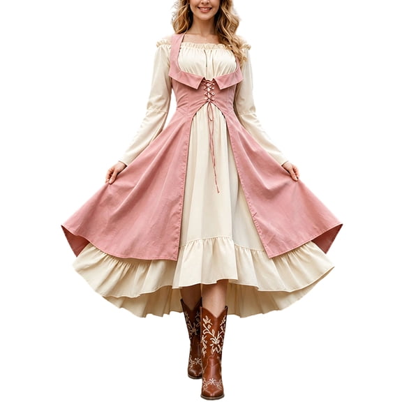 KLHDSF Women's's Medieval Renaissance Costume Cosplay Over Dress | 2 Pics Set,Long Flare Sleeve,Renaissance faire,Cosplay, Halloween Pink L