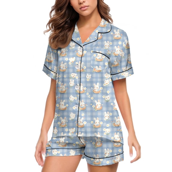 KLHDSF Womens 2 Piece Pajama Set Short Sleeve Top and Shorts Casual Summer Floral Loungewear Light Blue M