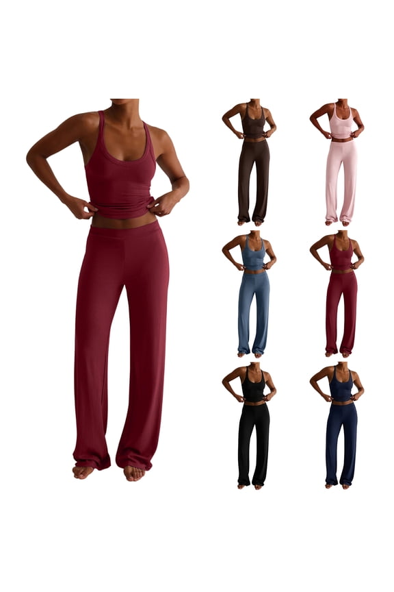 Womens Cotton Spandex Cami Vest and Wide Leg Pants Set Solid Summer Casual Yoga Blue M