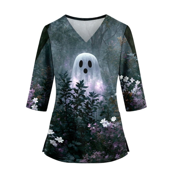 KLHDSF Womens Halloween Cartoon Print Scrub Top V Neck Side Slit 3/4 Sleeve T-Shirt Stretchy Fall Casual Workwear With Pockets Dark Blue L