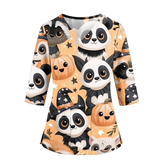 KLHDSF Womens Halloween Cartoon Print Scrub Top V Neck Side Slit 3/4 Sleeve T-Shirt Stretchy Fall Casual Workwear With Pockets Orange M