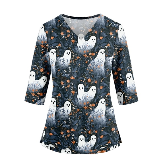 KLHDSF Womens Halloween Scrub Top With 2 Pockets Cartoon Print V Neck 3/4 Sleeve T-shirt Side Slit Casual Fall Daily Workwear Dark Blue M